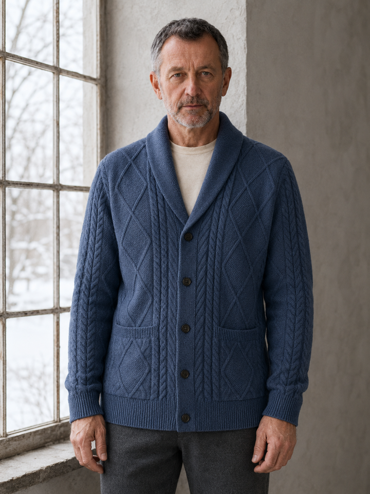 Wool Blend Shawl Collar Cardigan - Blue hero