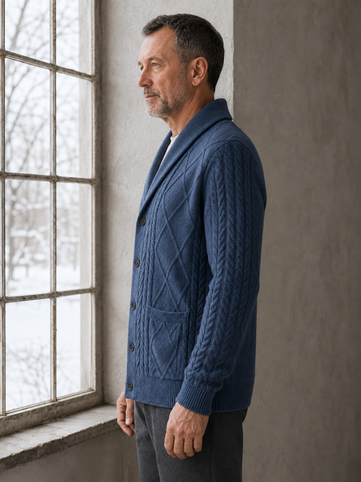 Wool Blend Shawl Collar Cardigan - Blue side view