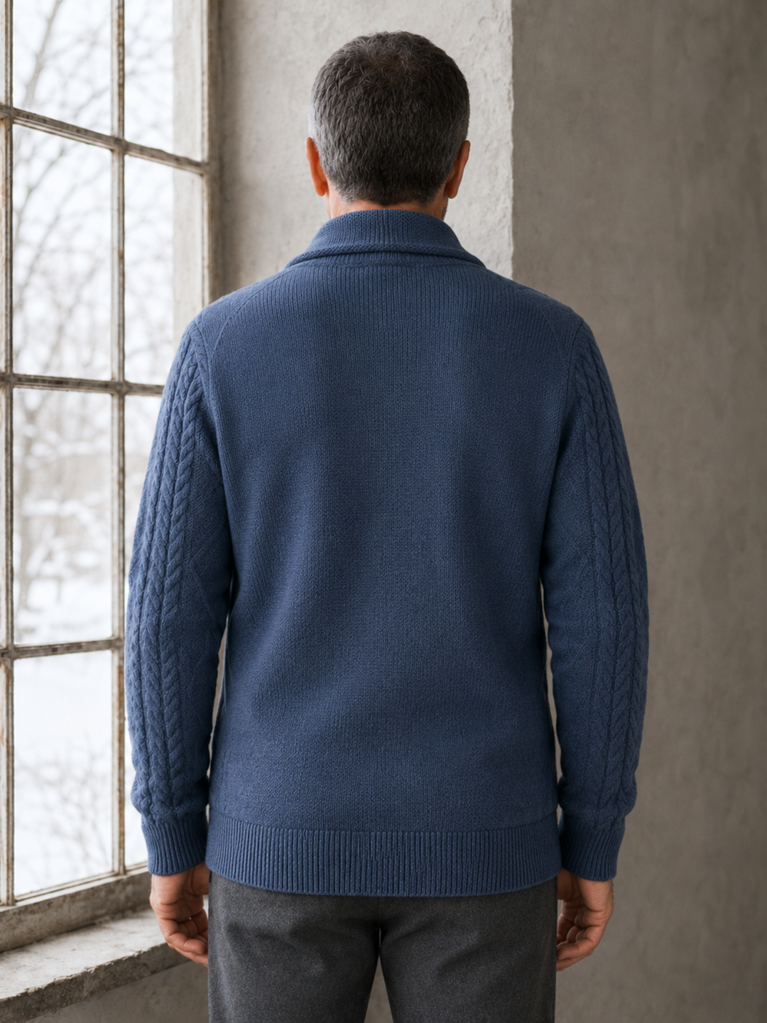 Wool Blend Shawl Collar Cardigan - Blue back view