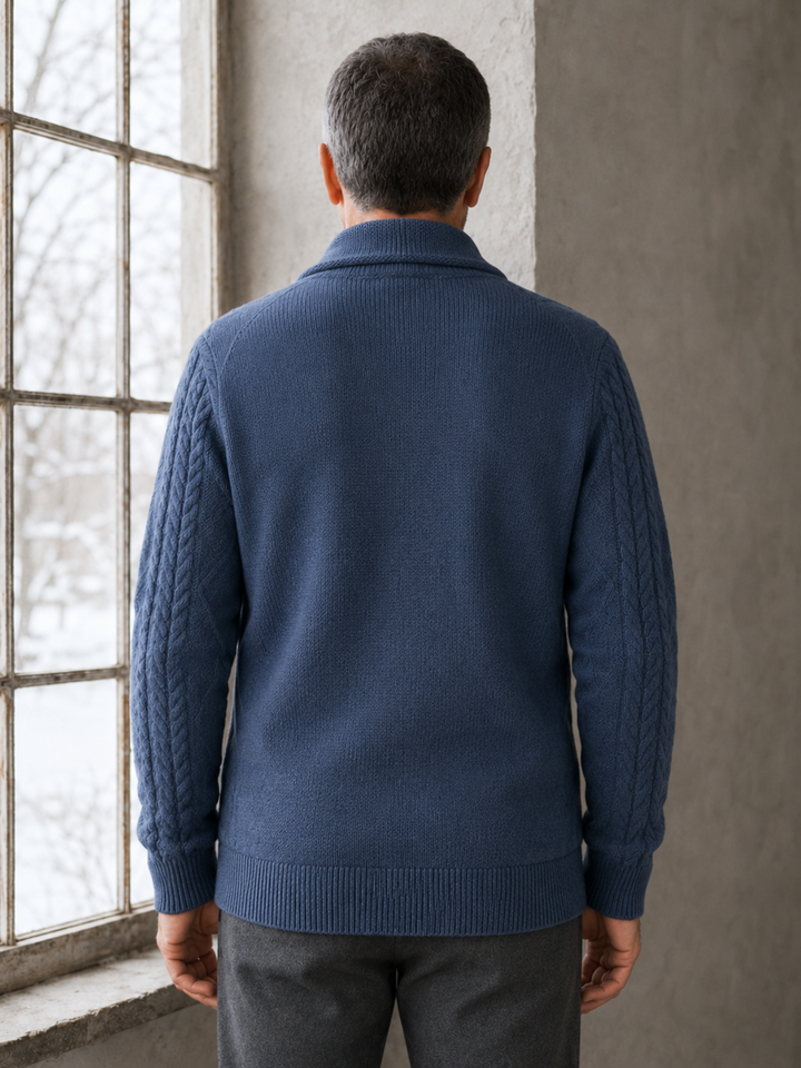 Wool Blend Shawl Collar Cardigan - Blue back view