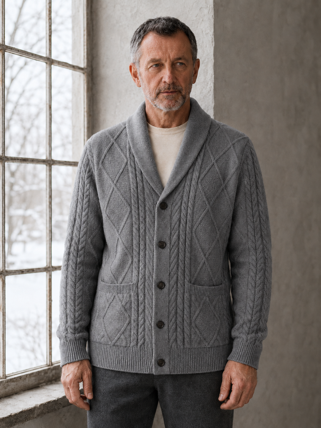 Wool Blend Shawl Collar Cardigan - Gray hero