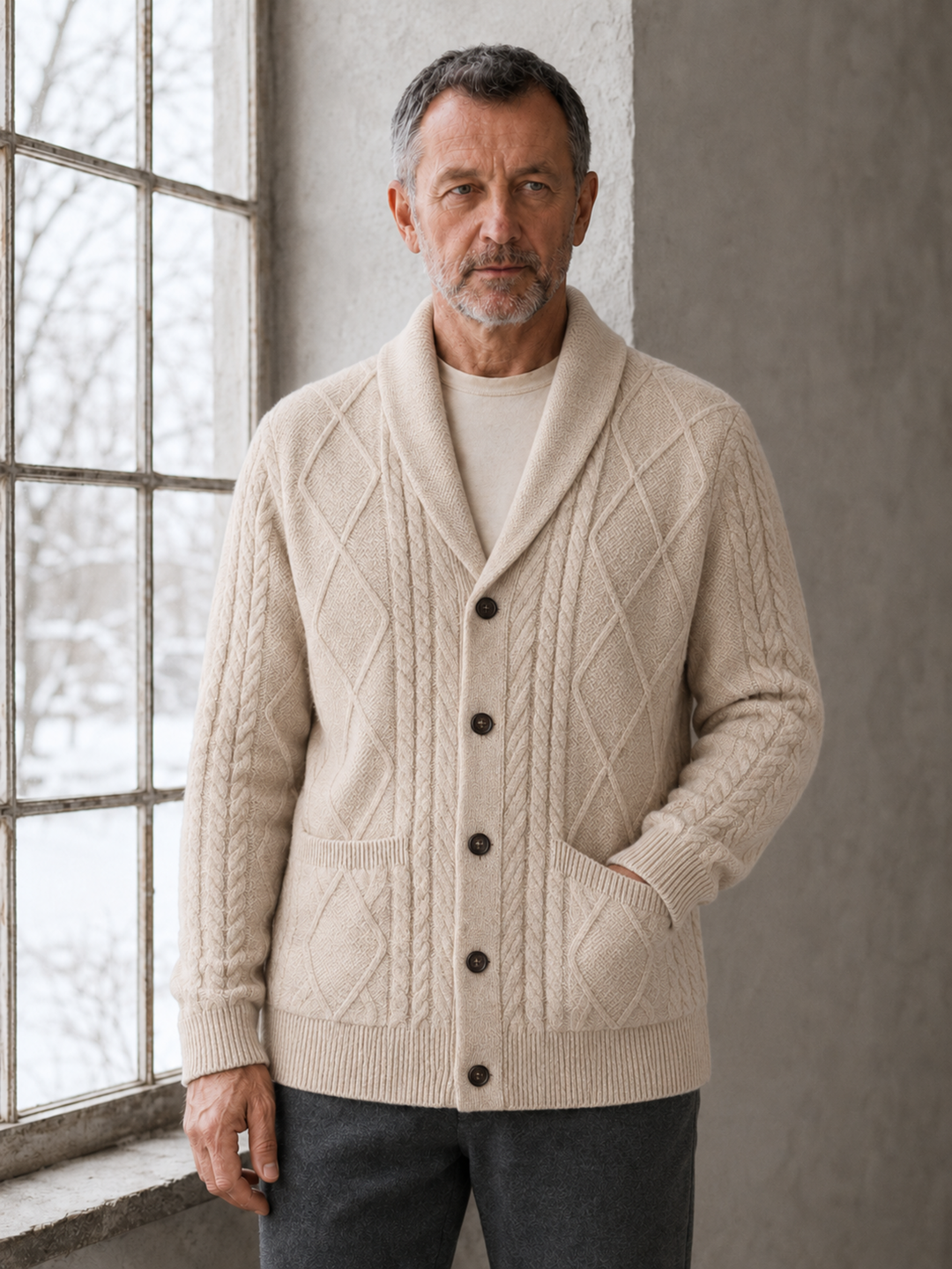 Wool Blend Shawl Collar Cardigan - Beige hero