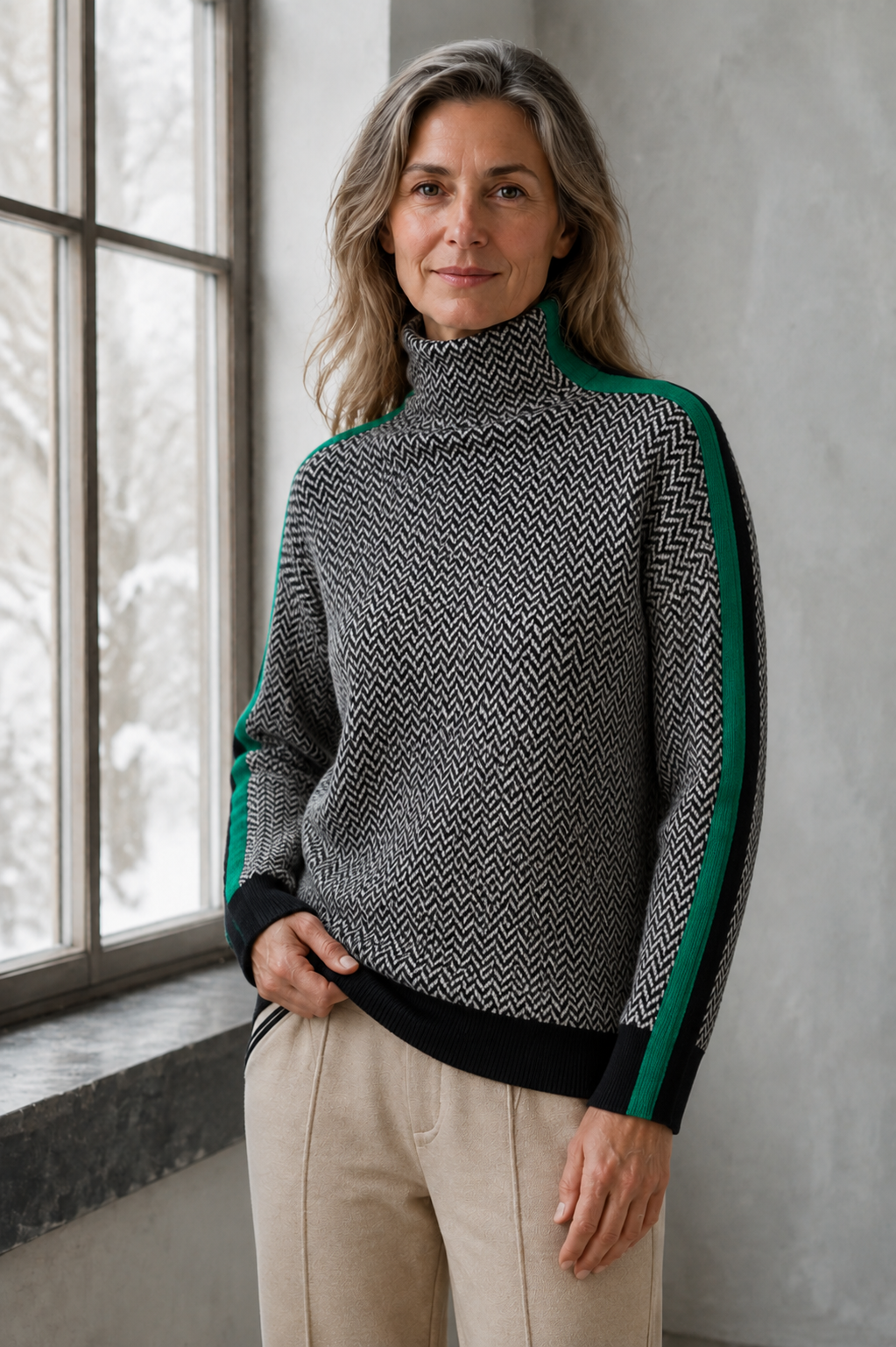 Elara | Turtleneck with Contrasting Stripes - Green