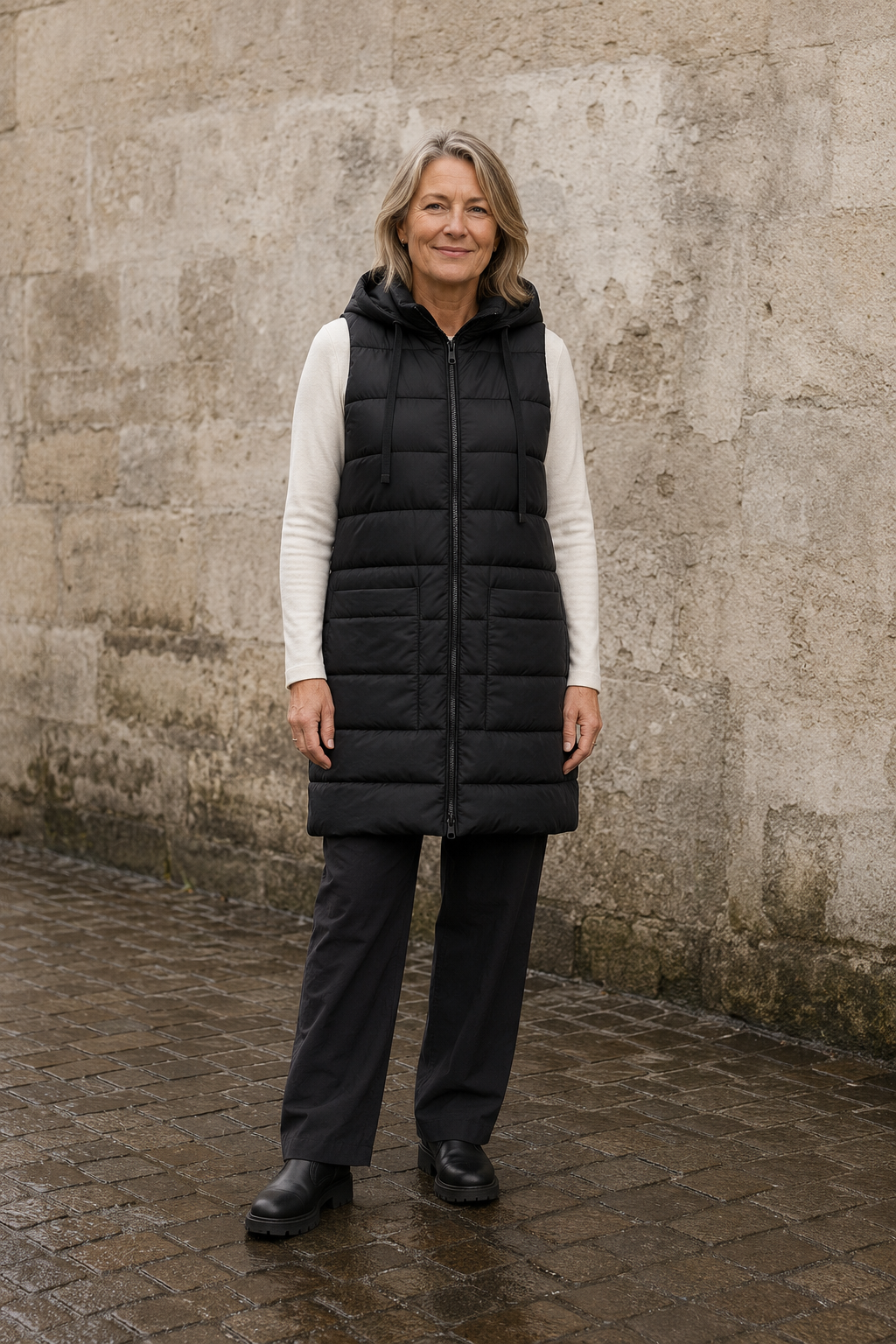 Elena black long puffer vest closed