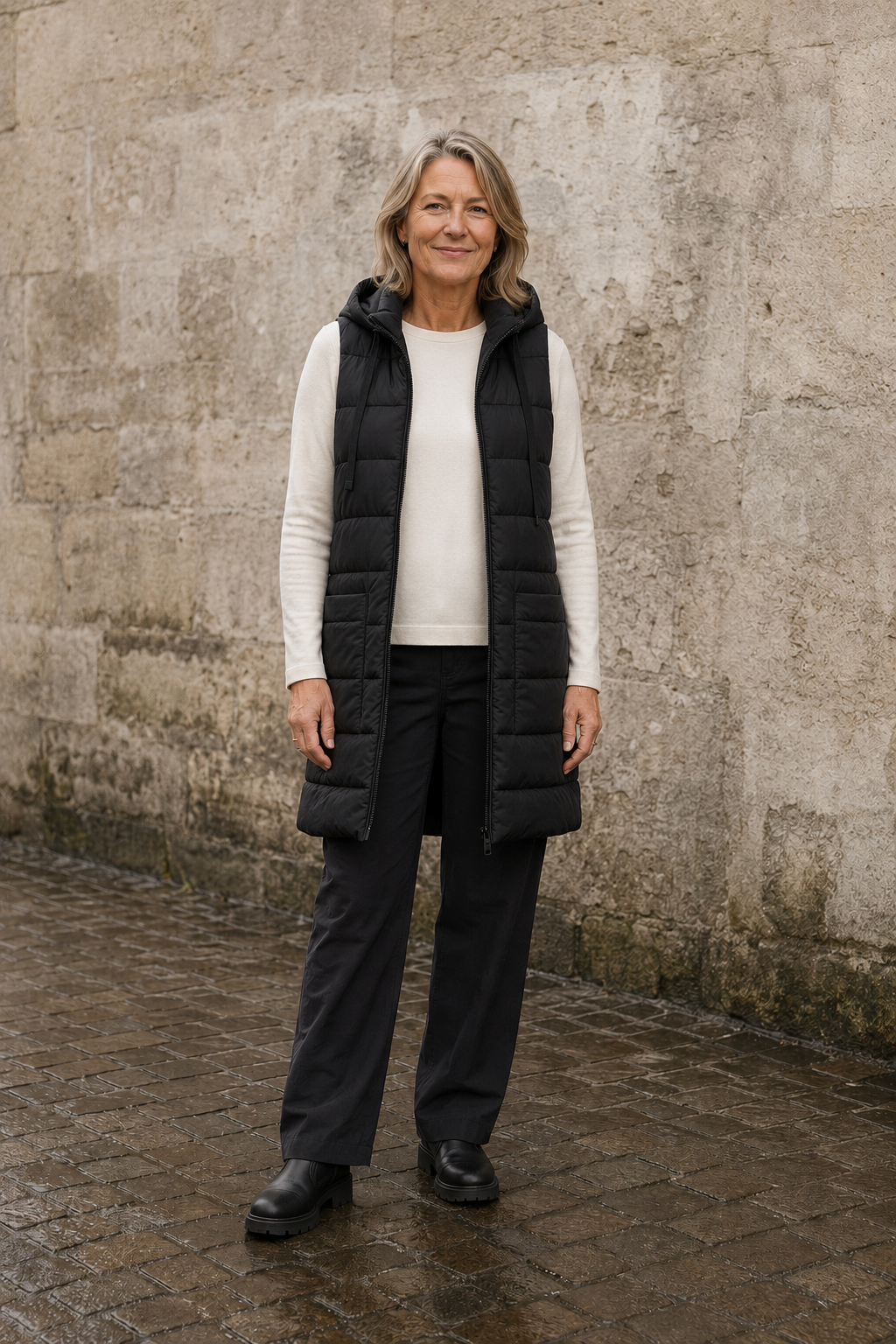 Elena black long puffer vest open matched background