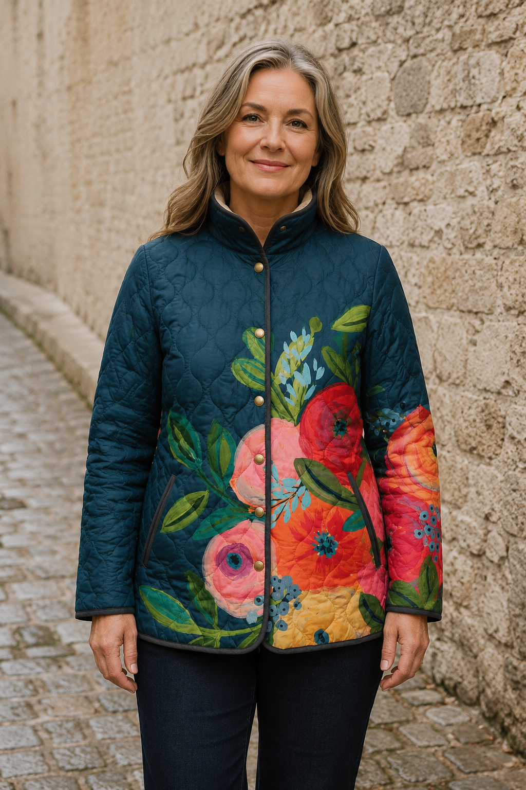 Elina vintage floral quilted jacket closed