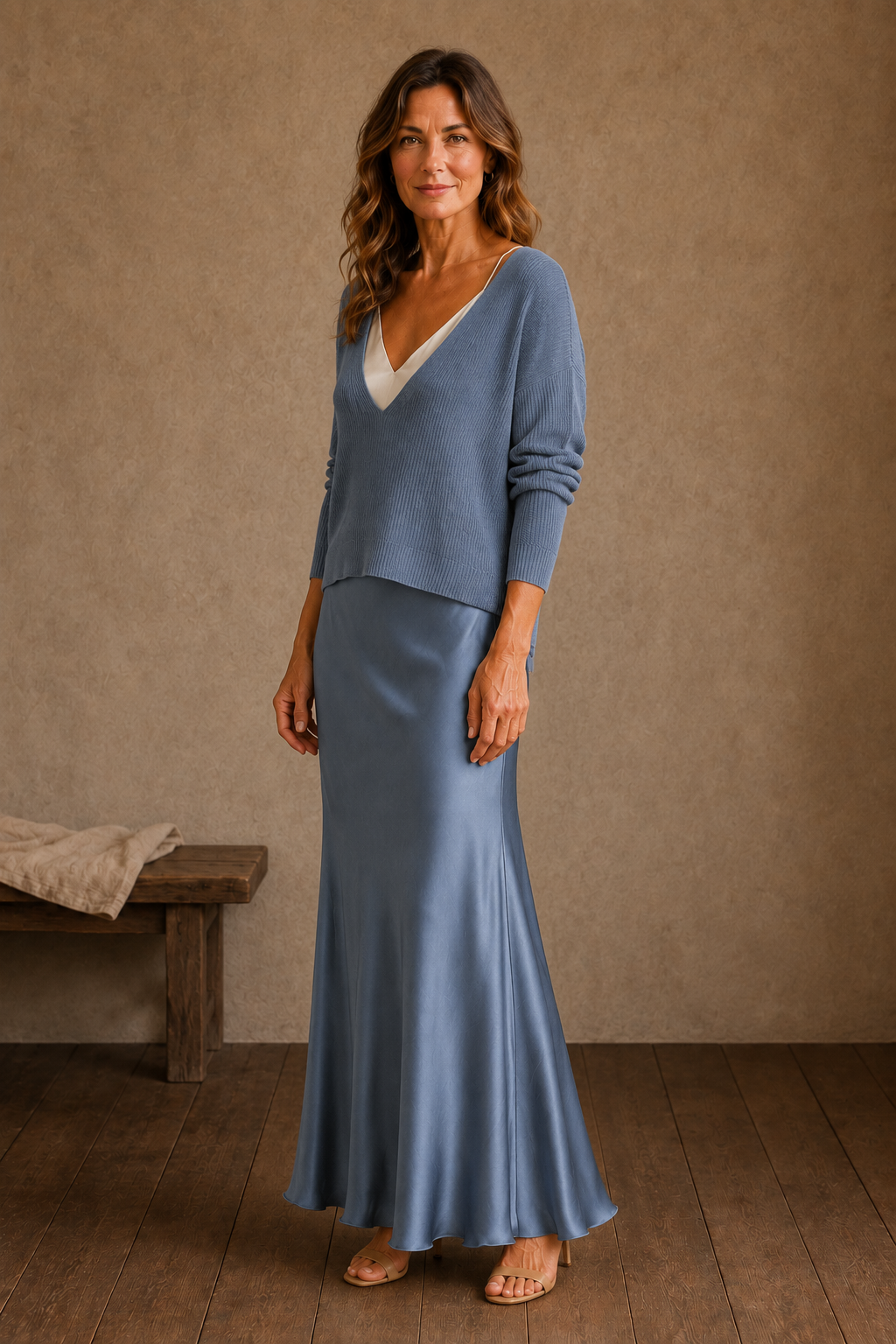 Elisabeth | Knit Top and Satin Skirt Set - Blue