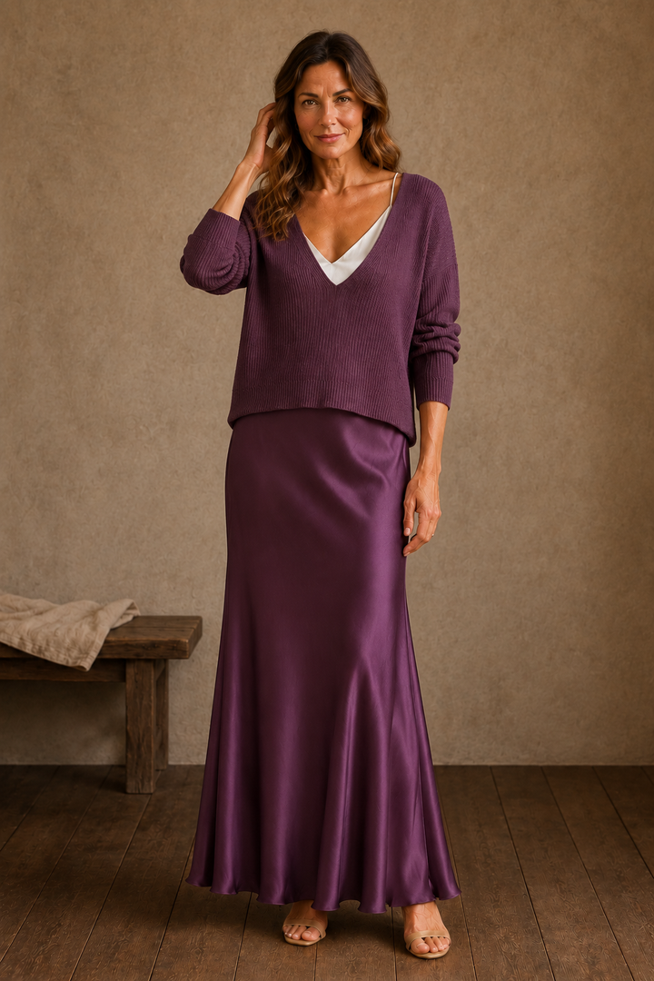 Elisabeth | Knit Top and Satin Skirt Set - Purple