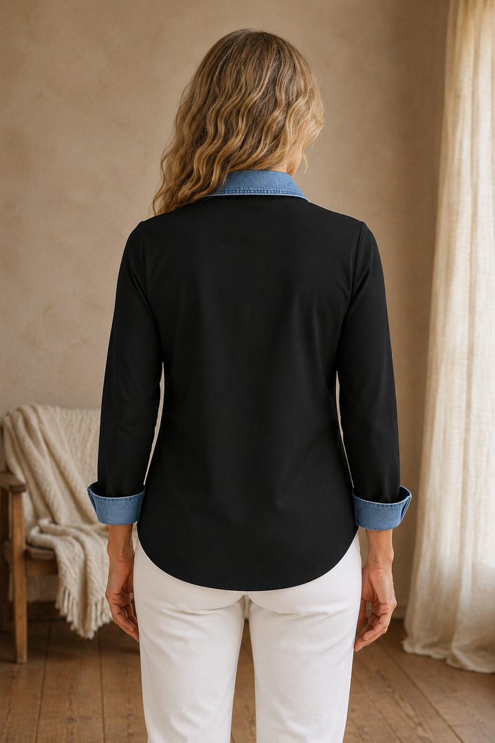 Ella | Denim Trim Two-Tone Shirt - Black back view