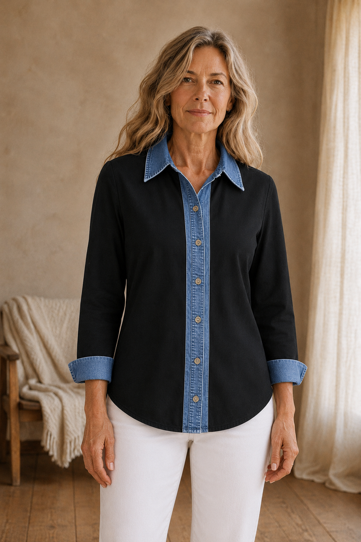 Ella | Denim Trim Two-Tone Shirt - Black front hero