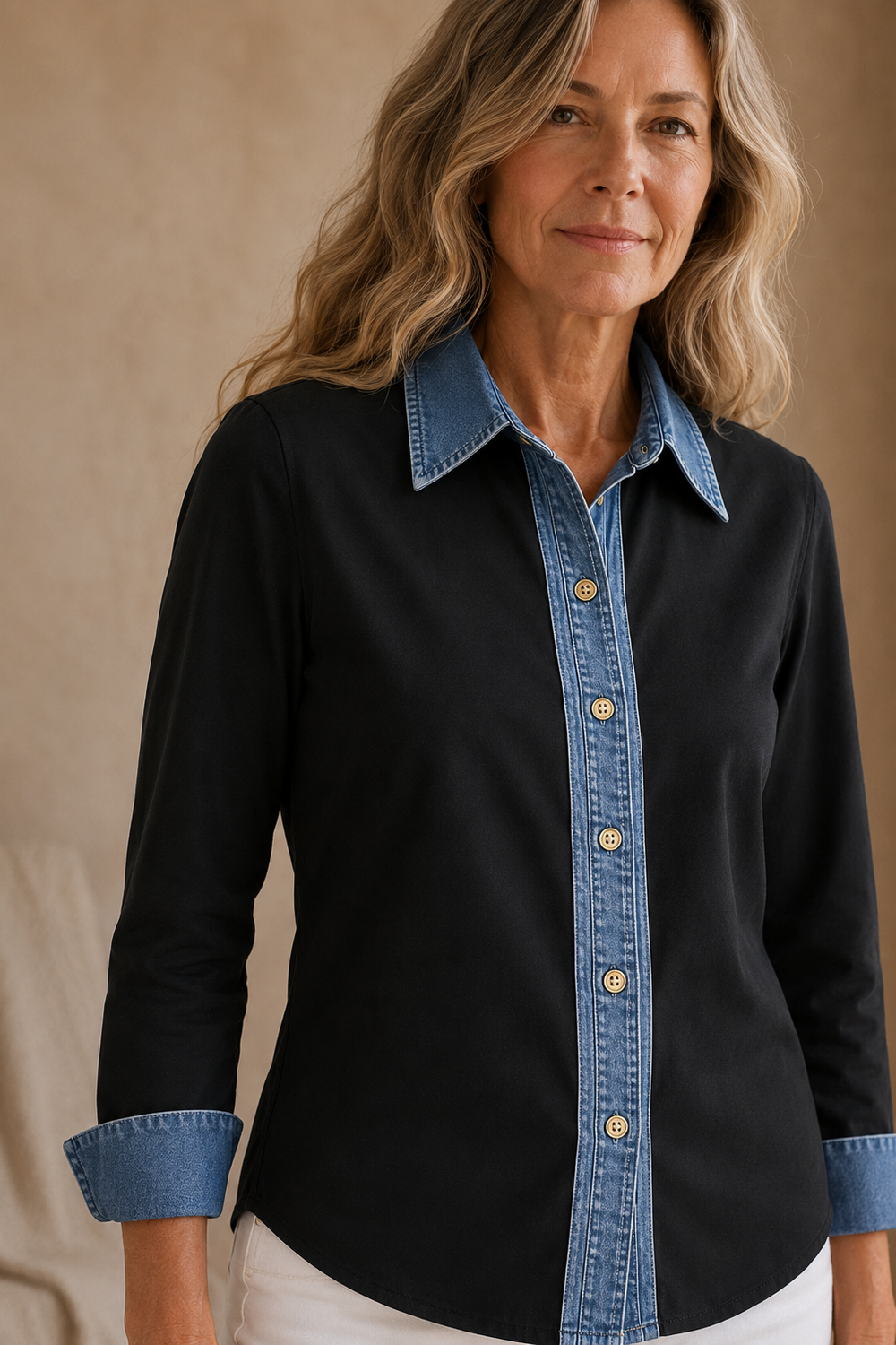 Ella | Denim Trim Two-Tone Shirt - Black denim detail