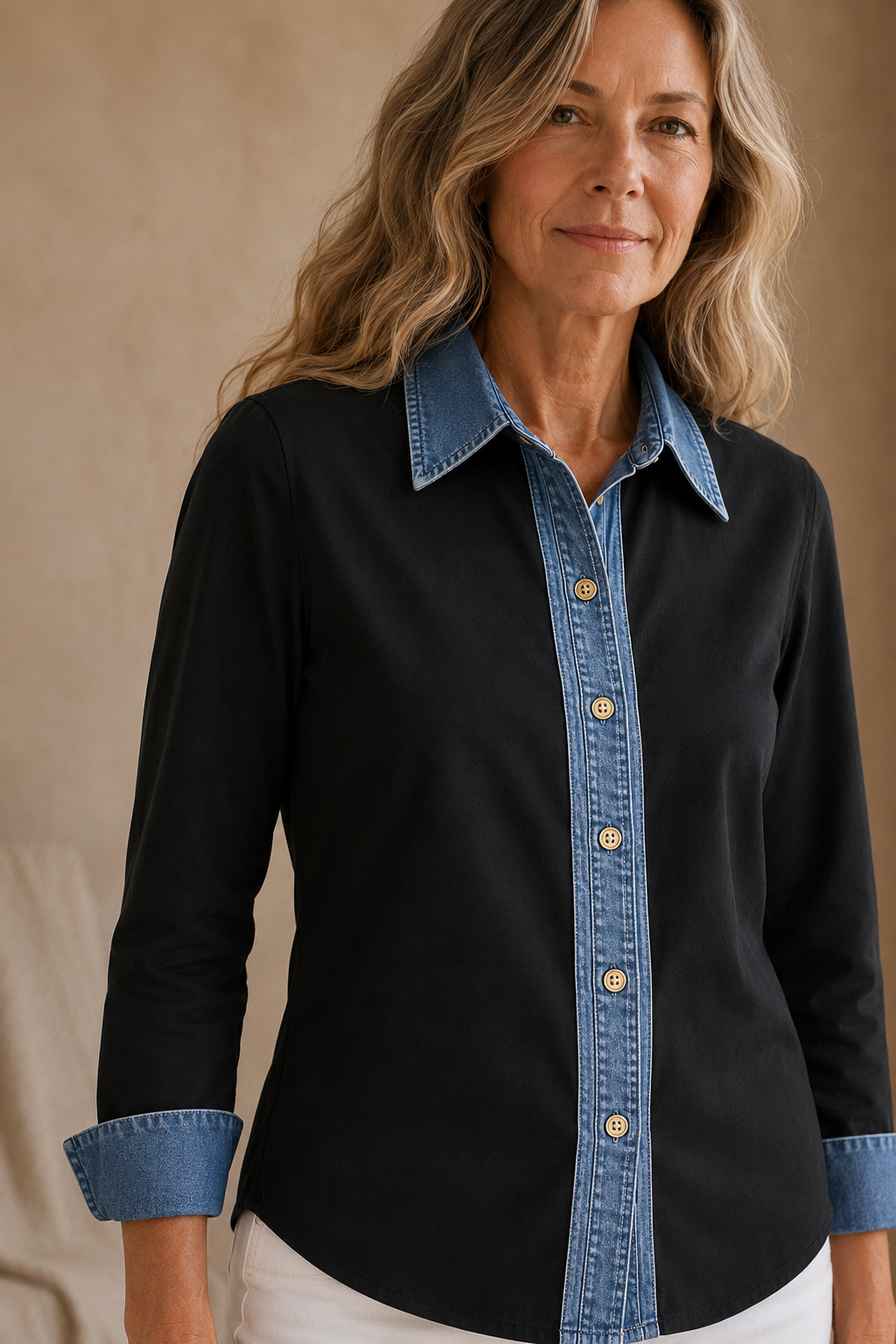 Ella | Denim Trim Two-Tone Shirt - Black denim detail
