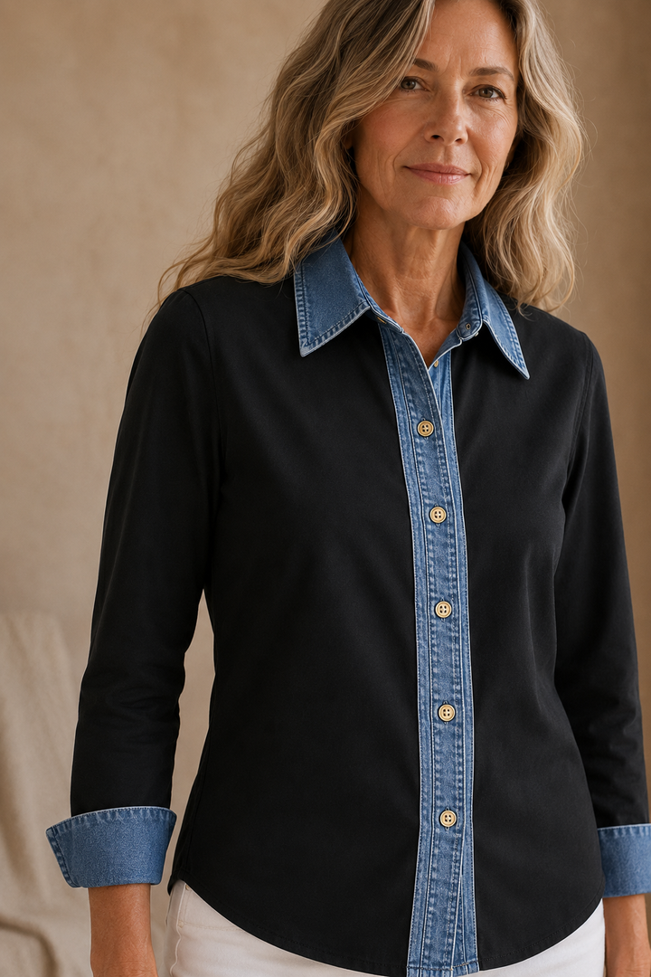 Ella | Denim Trim Two-Tone Shirt - Black denim detail