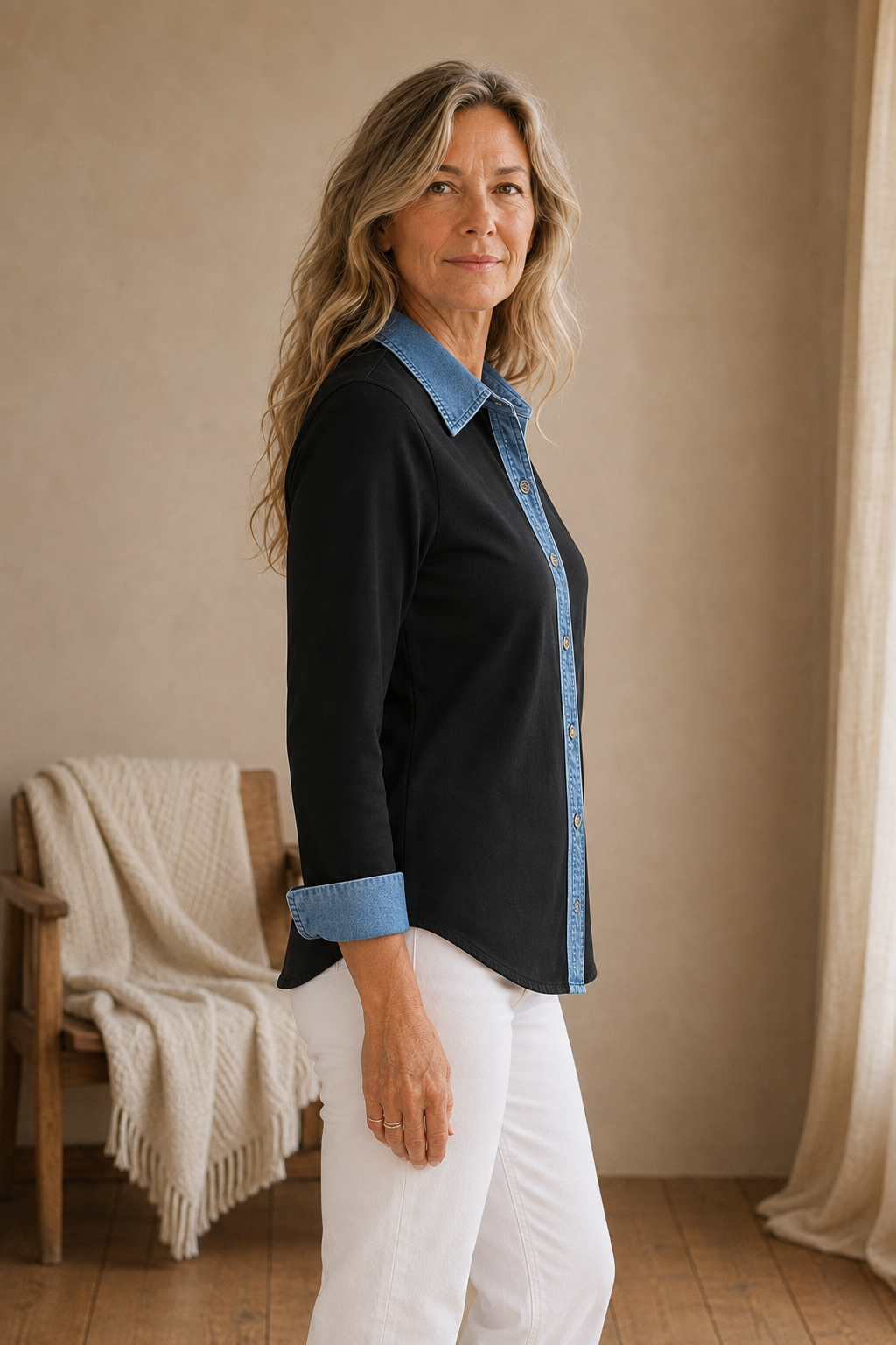 Ella | Denim Trim Two-Tone Shirt - Black side view