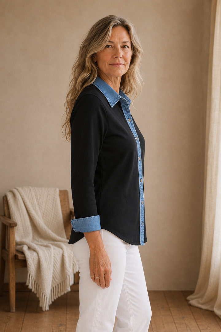 Ella | Denim Trim Two-Tone Shirt - Black side view