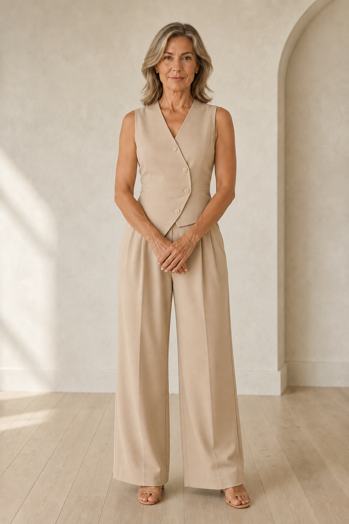 Eloise | Tailored Vest and Trouser Set - Beige