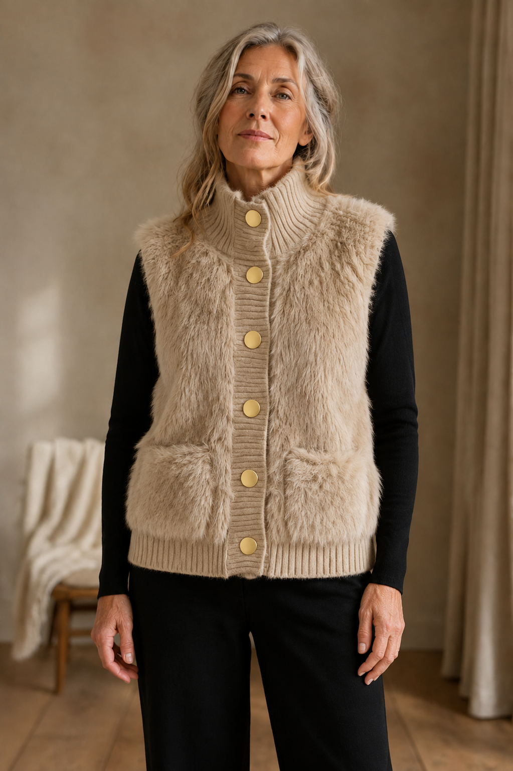 Ermeline Khaki faux fur vest front hero