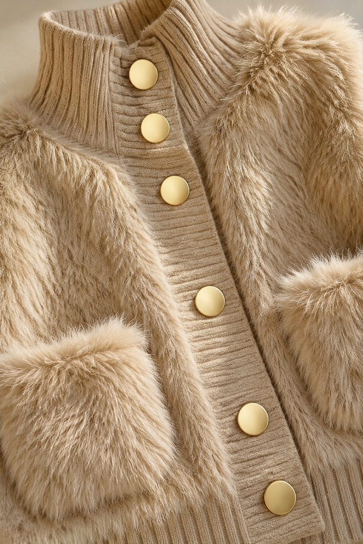 Ermeline Khaki faux fur knit and gold button macro detail