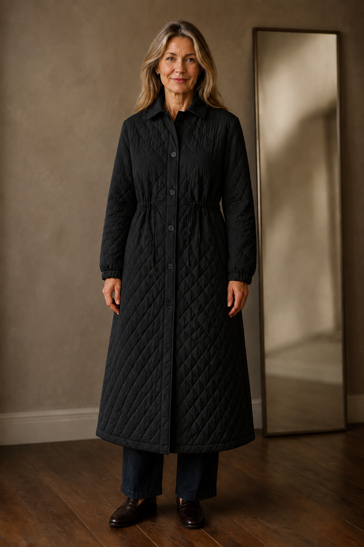 Estelle | Diamond Quilted Longline Coat - Black