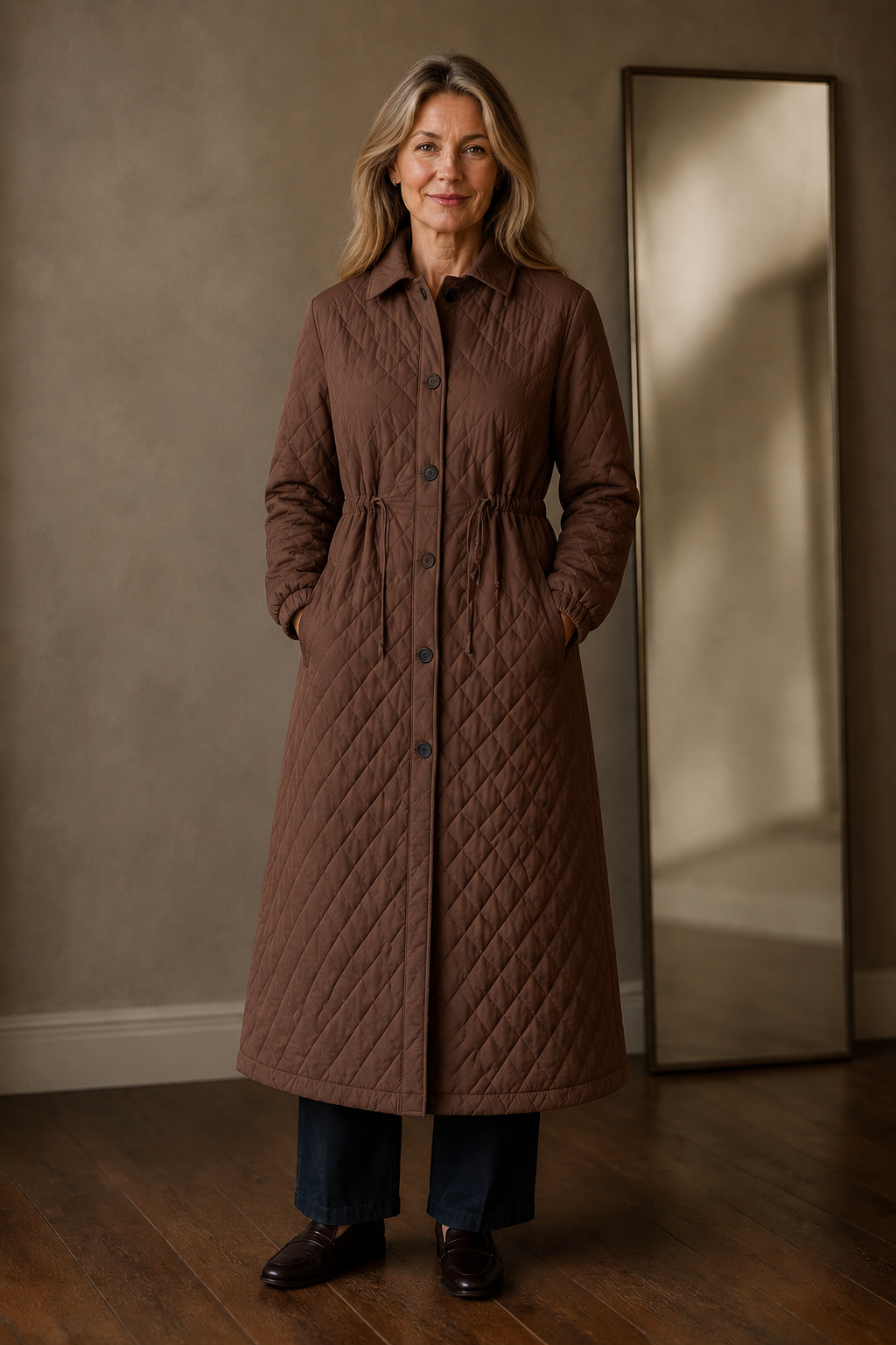 Estelle | Diamond Quilted Longline Coat - Brown
