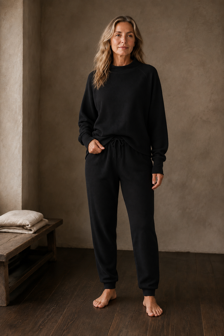 Euphemie | Waffle Knit Cotton Lounge Set - Black