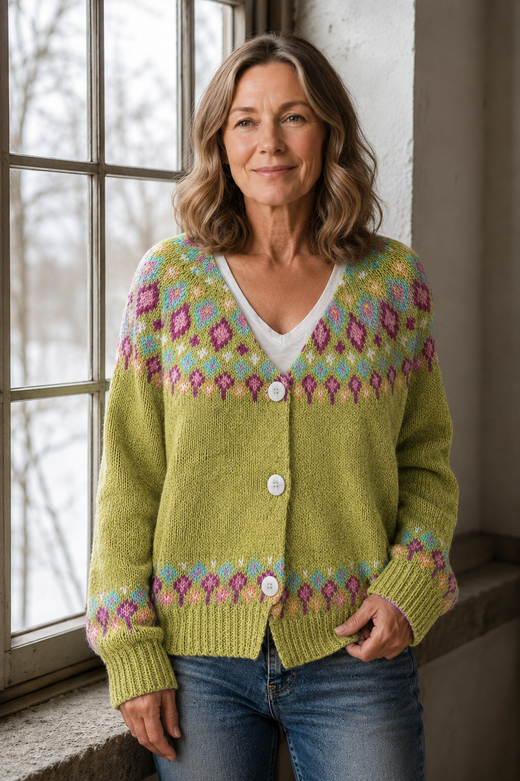 Fair Isle-trui met motief aan de achterkant voor dames - Groenachtig Geel
