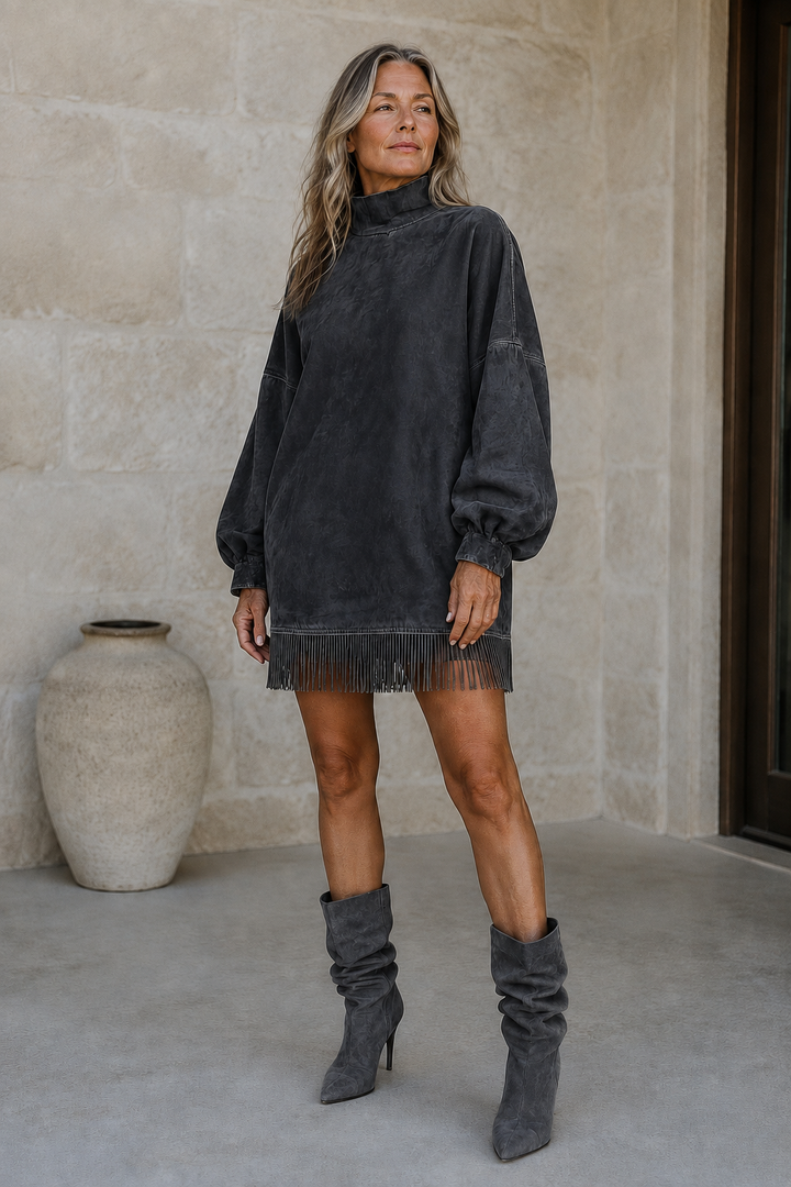 Faux Suede Turtleneck Fringe Dress - Gray