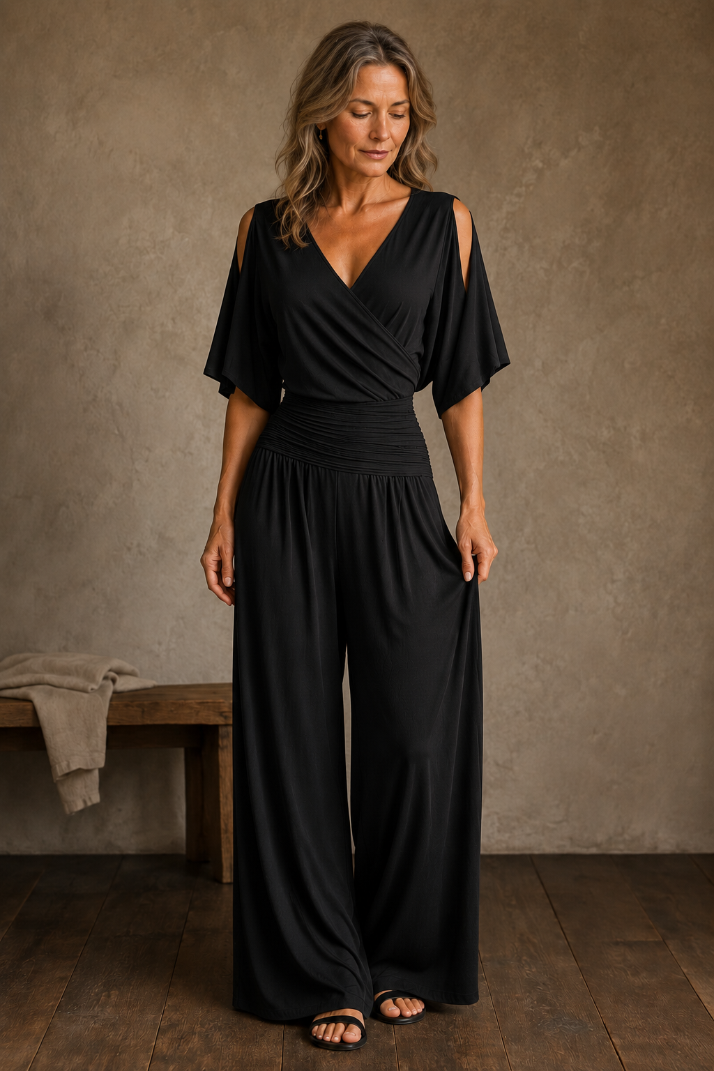 Felicienne | Wrap Front Wide Leg Jumpsuit - Black