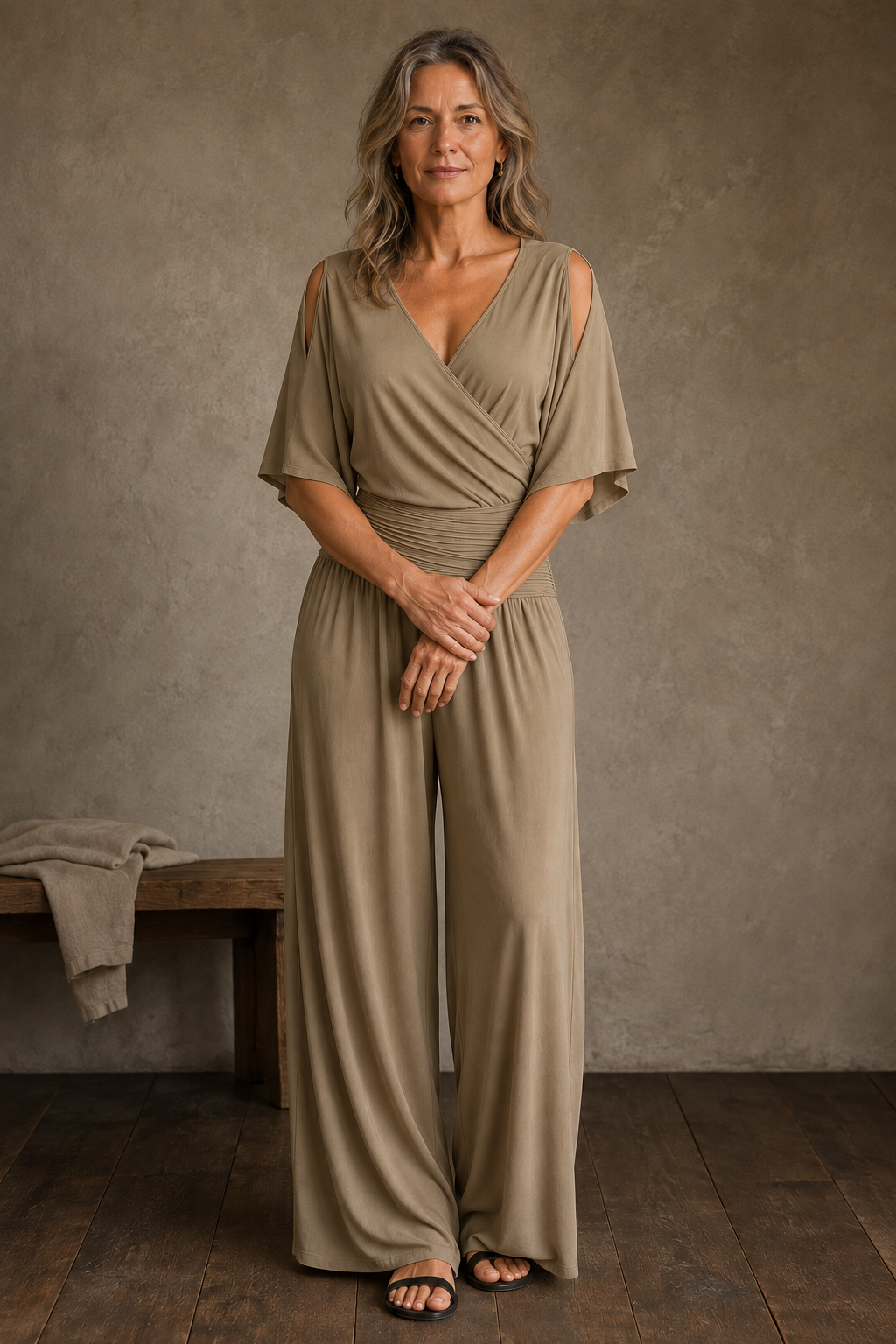 Felicienne | Wrap Front Wide Leg Jumpsuit - Khaki