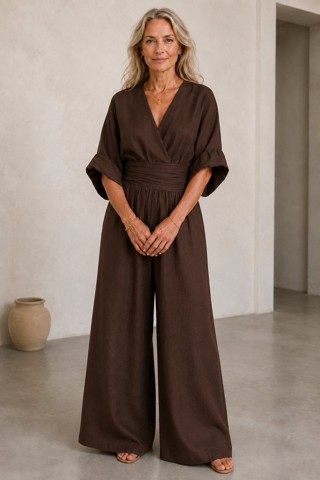 Felicite | Wide Leg Linen Jumpsuit - Dark Brown