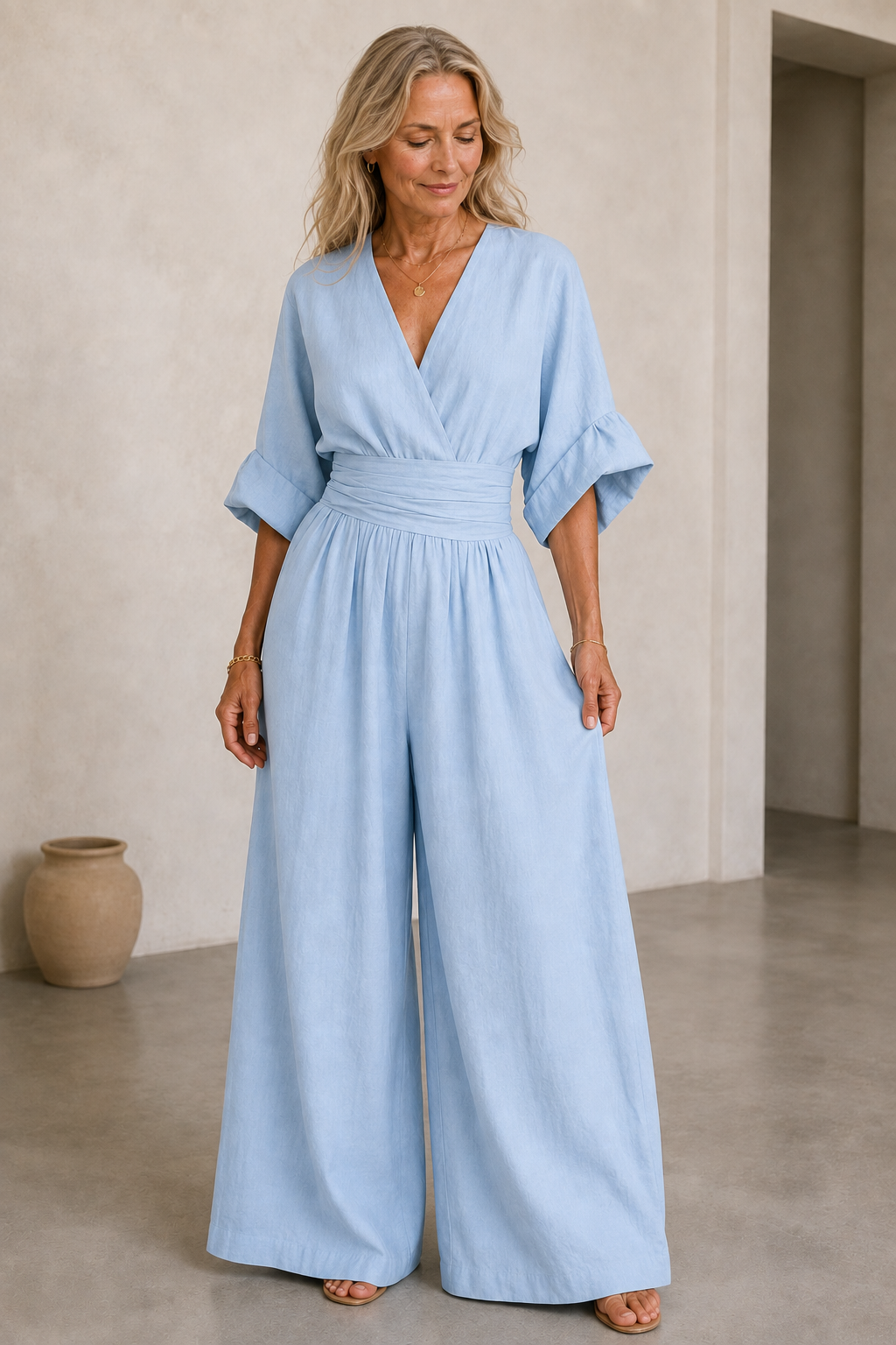 Felicite | Wide Leg Linen Jumpsuit - Light Blue