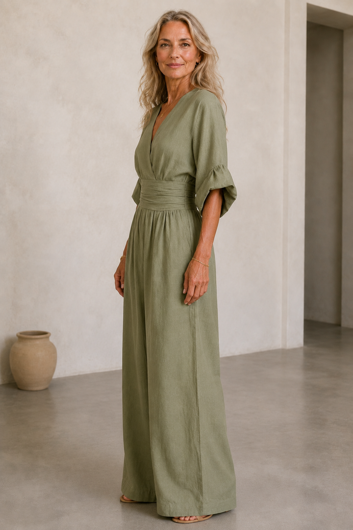 Felicite | Wide Leg Linen Jumpsuit - Olive Green