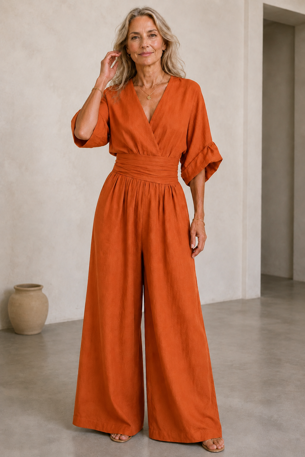 Felicite | Wide Leg Linen Jumpsuit - Orange
