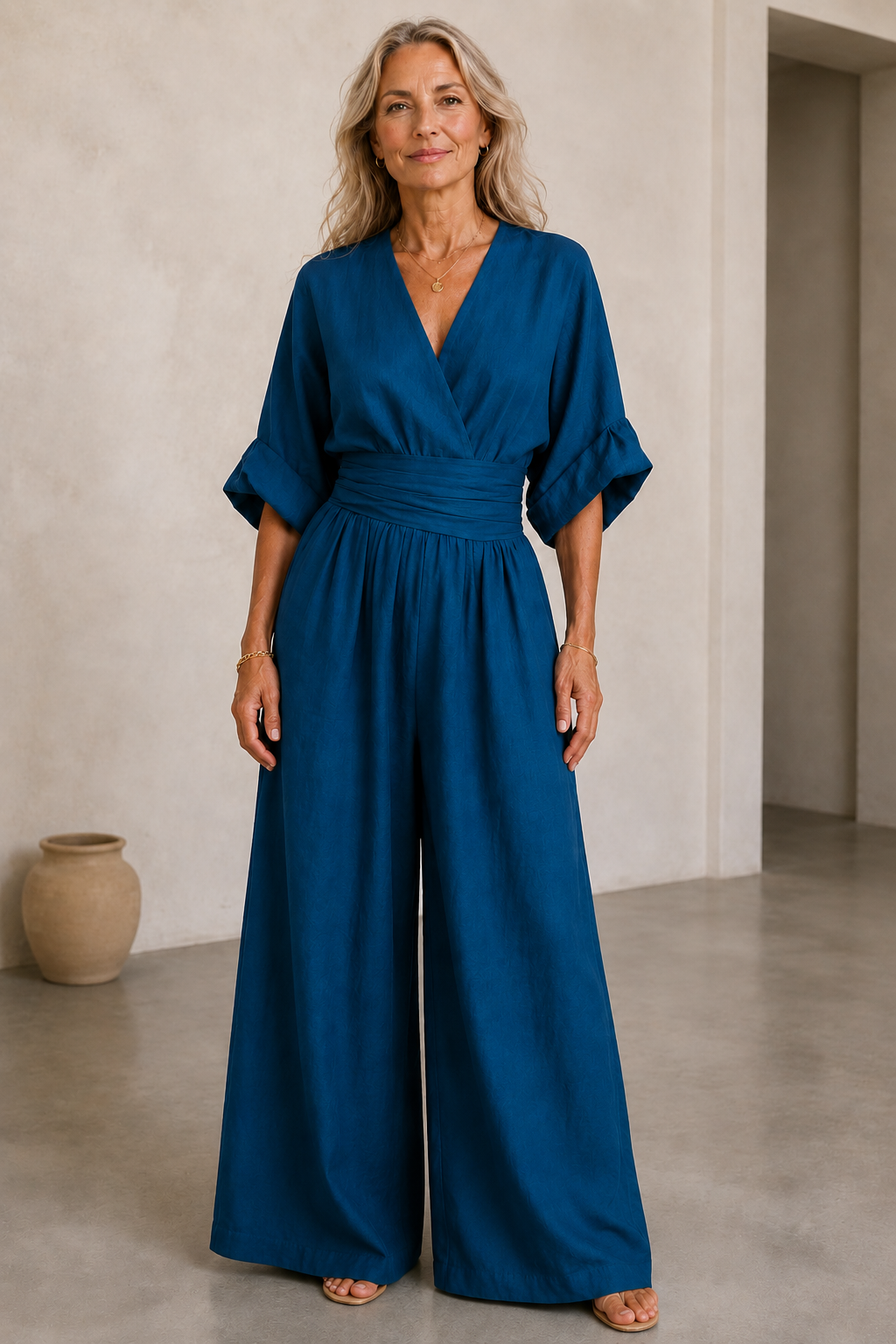 Felicite | Wide Leg Linen Jumpsuit - Peacock Blue