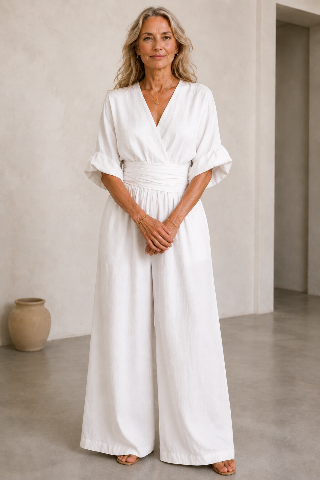 Felicite | Wide Leg Linen Jumpsuit - White