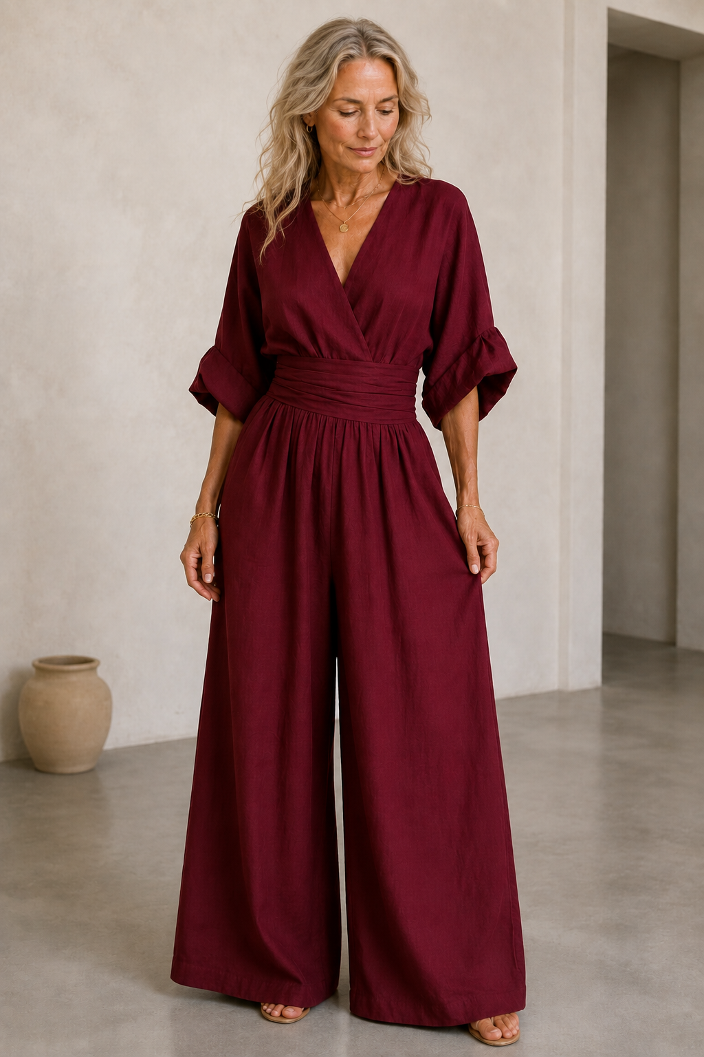 Felicite | Wide Leg Linen Jumpsuit - Wine Red