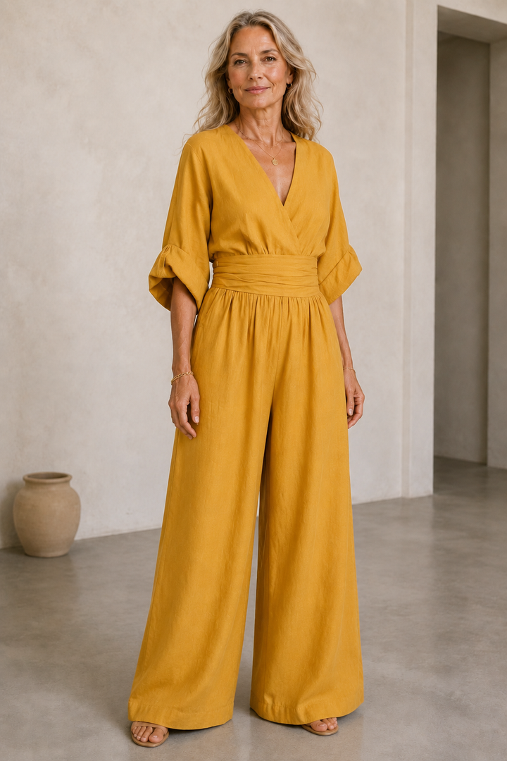 Felicite | Wide Leg Linen Jumpsuit - Yellow