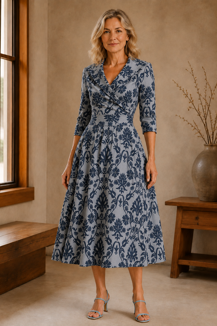 Fit and Flare Midi Dress - Blue Damask