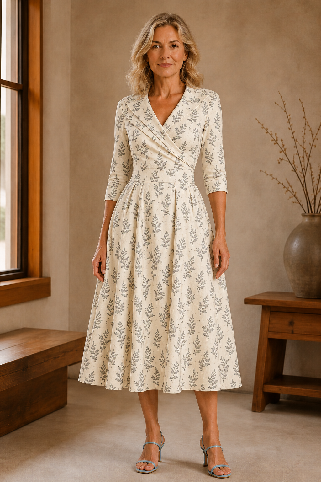 Fit and Flare Midi Dress - Cream Botanical
