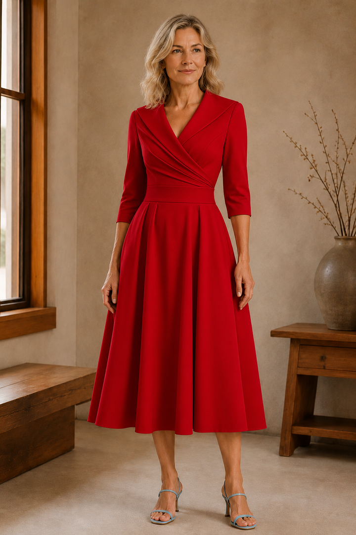 Fit and Flare Midi Dress - Red