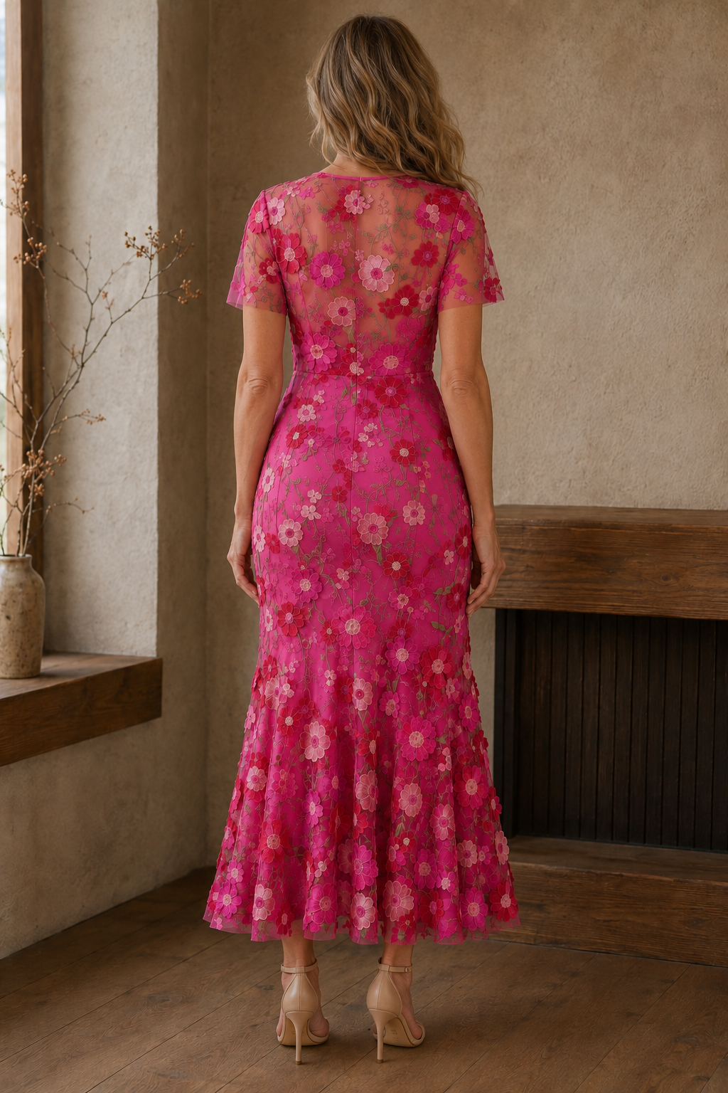 Floral Applique Mermaid Evening Gown - back view