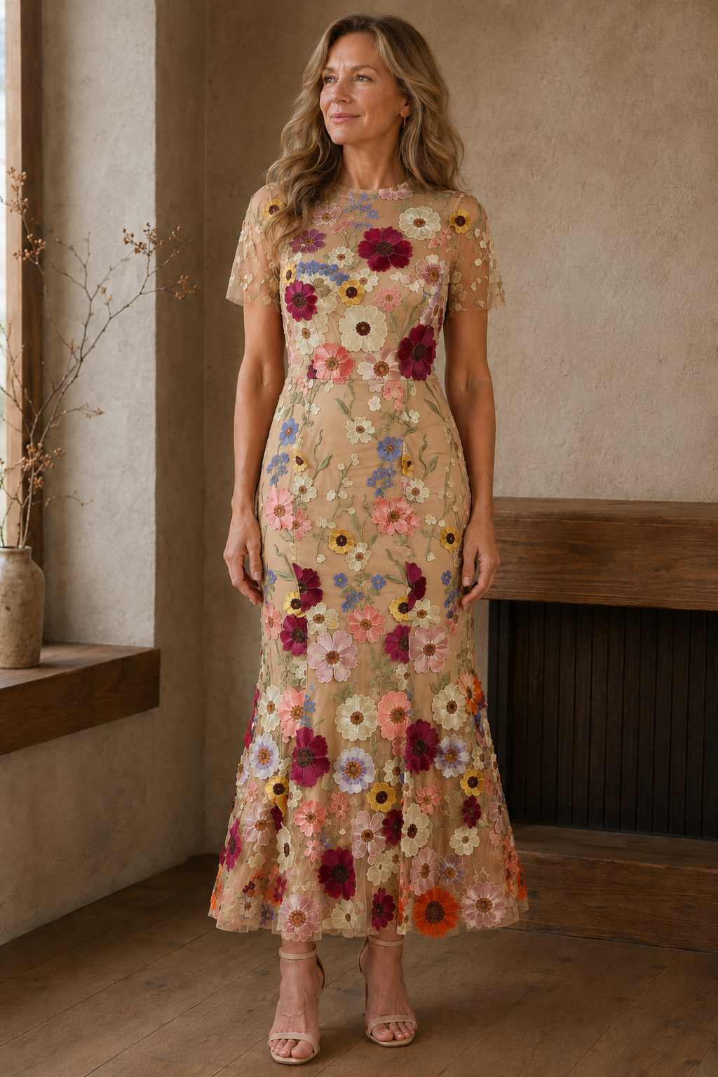 Floral Applique Mermaid Evening Gown - Beige