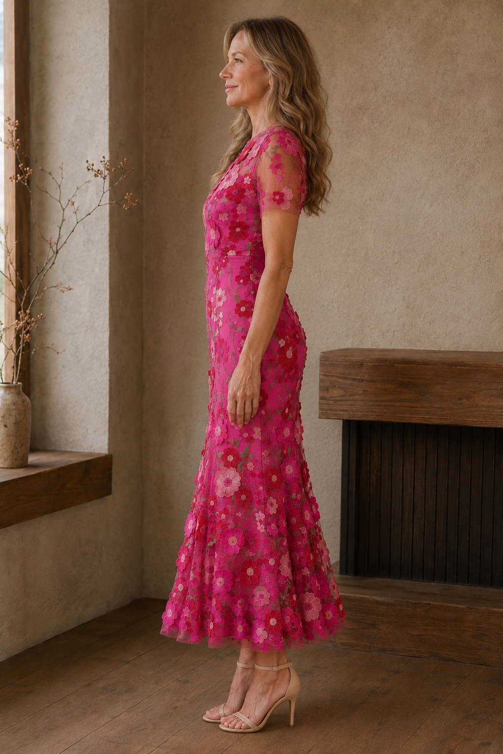 Floral Applique Mermaid Evening Gown - left side view