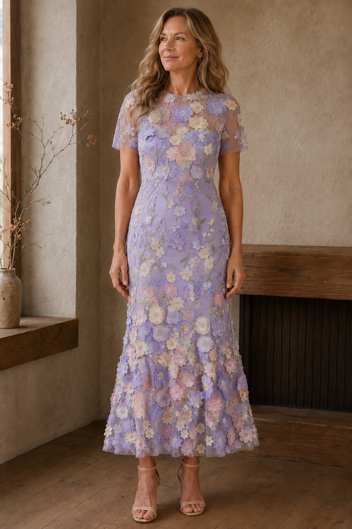 Floral Applique Mermaid Evening Gown - Purple