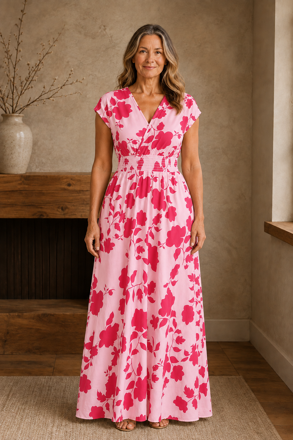 Floral Print A-Line Maxi Dress - Pink