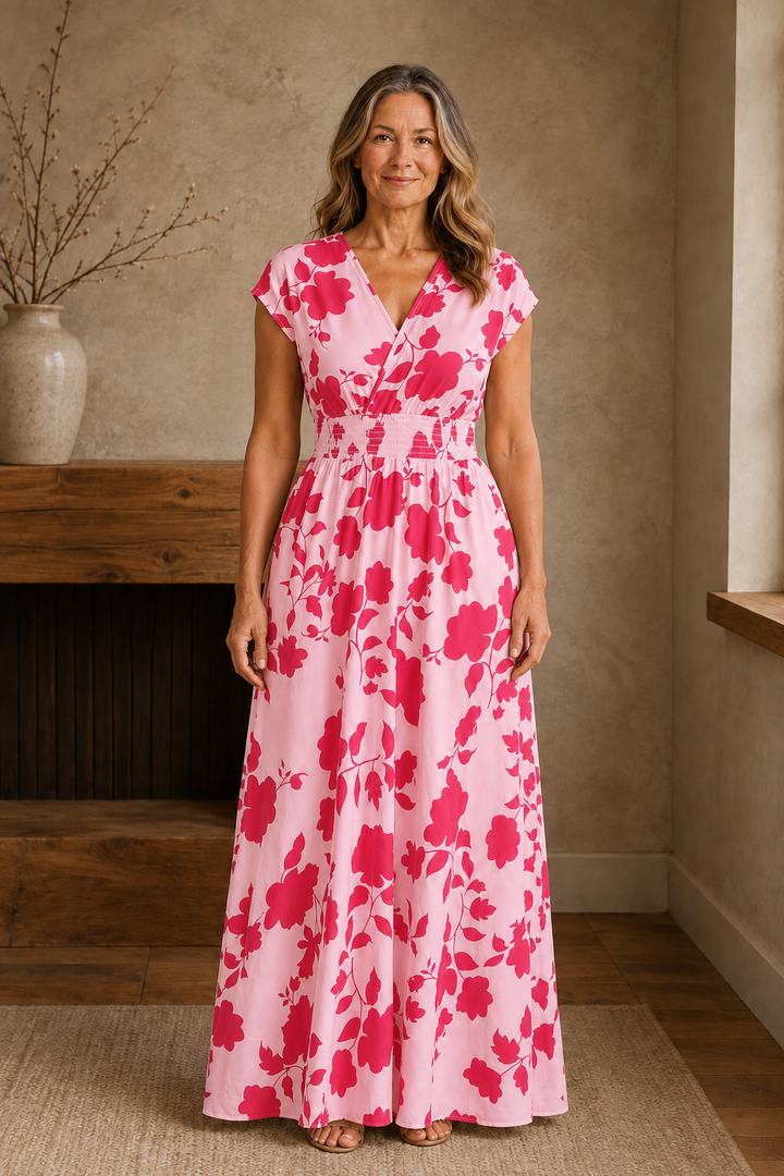 Floral Print A-Line Maxi Dress - Pink