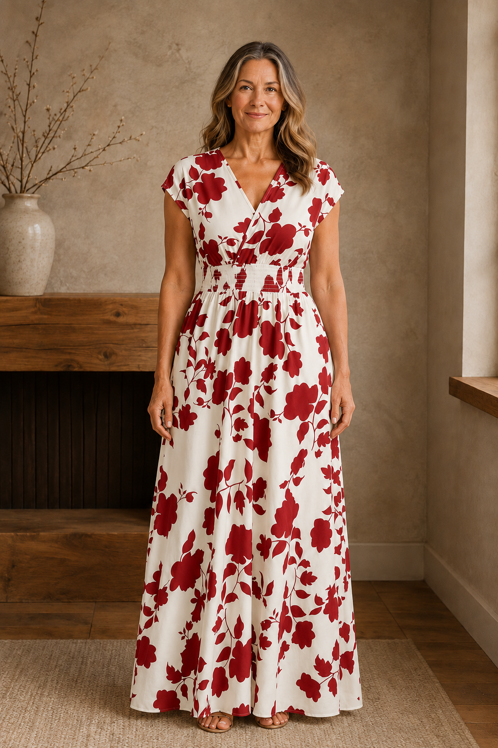 Floral Print A-Line Maxi Dress - Red