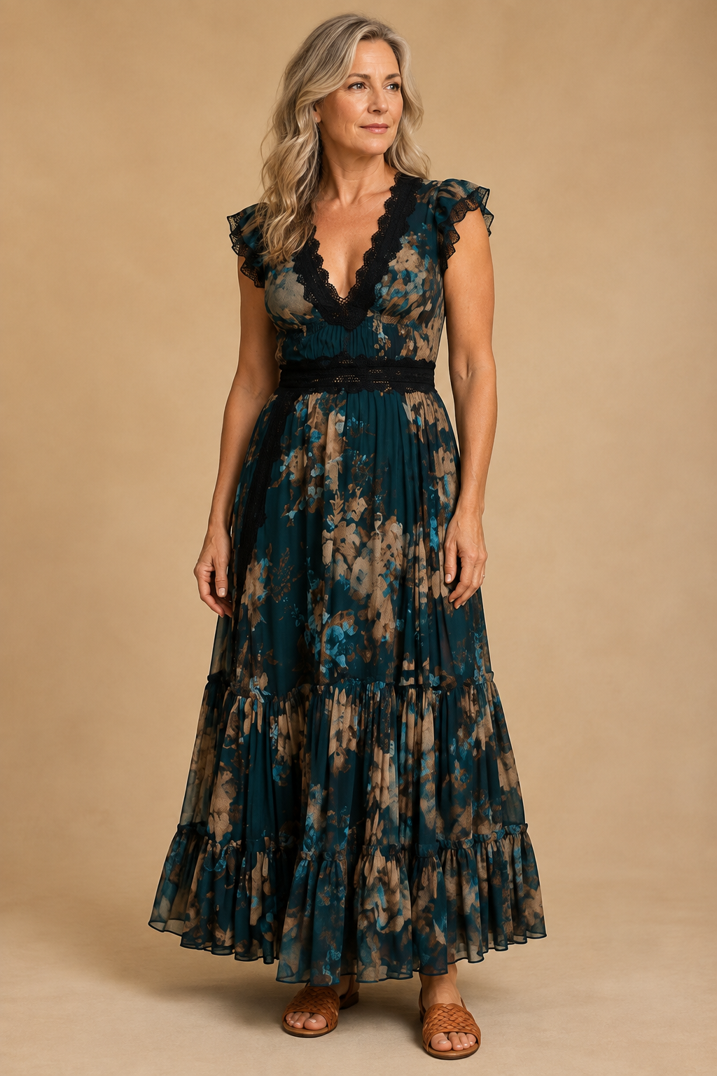 Full-length editorial image of Floral Print Flowing Maxi Dress