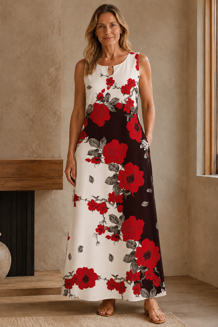Floral Print Swing Dress with Pockets - Red