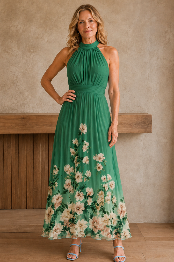 Floral Print Wedding Guest Dress - Green
